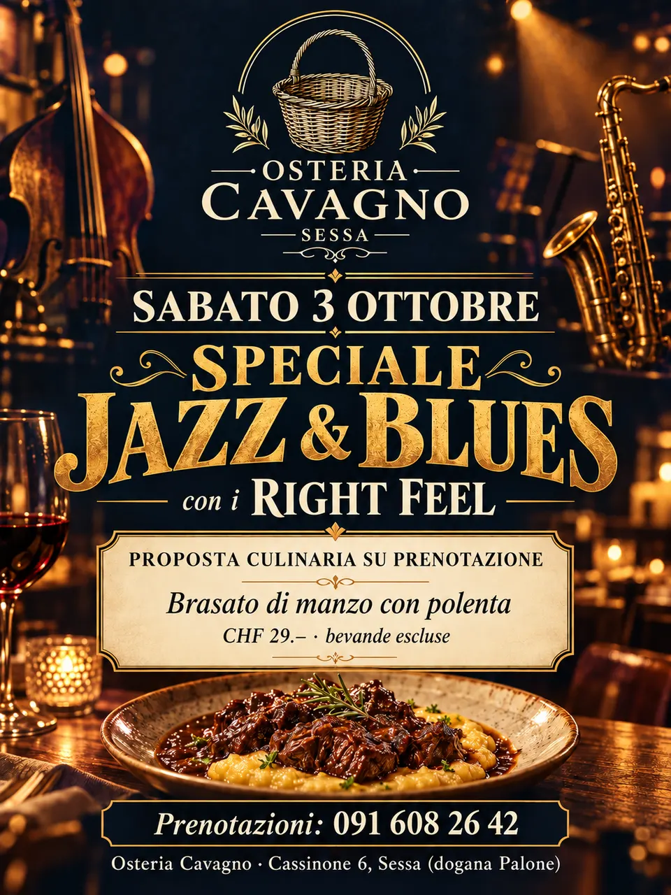 Locandina della serata Speciale jazz & blues con i Right Feel, sabato 3 ottobre